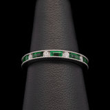 Custom 14K White Gold Channel Set Diamond And Baguette Cut Green Tsavorite Garnet Eternity Band With Milgrain Edge