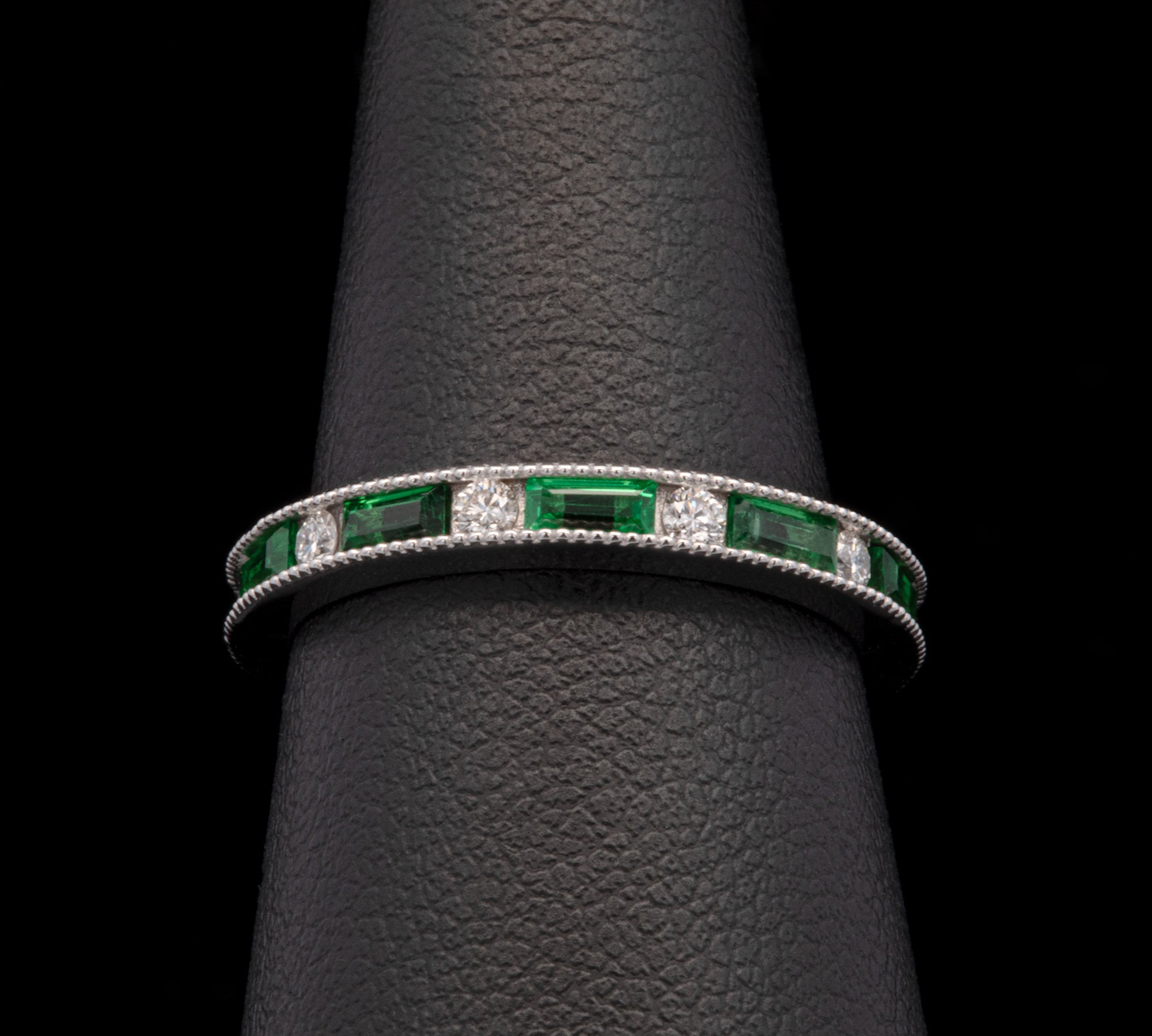 Custom 14K White Gold Channel Set Diamond And Baguette Cut Green Tsavorite Garnet Eternity Band With Milgrain Edge