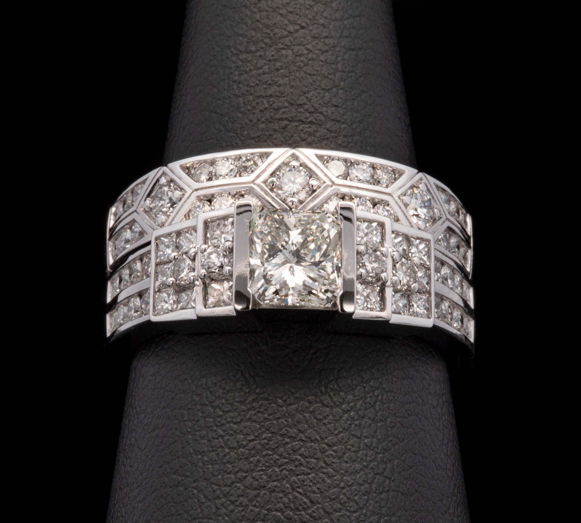 Custom Platinum Radiant And Princess Cut Diamond Ring With Geometric Pattern Diamond Band