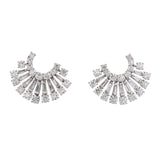Custom 18K White Gold Tapered Baguette And Round Diamond Fan Earrings With Post And Omega Backs
