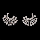 Custom 18K White Gold Tapered Baguette And Round Diamond Fan Earrings With Post And Omega Backs