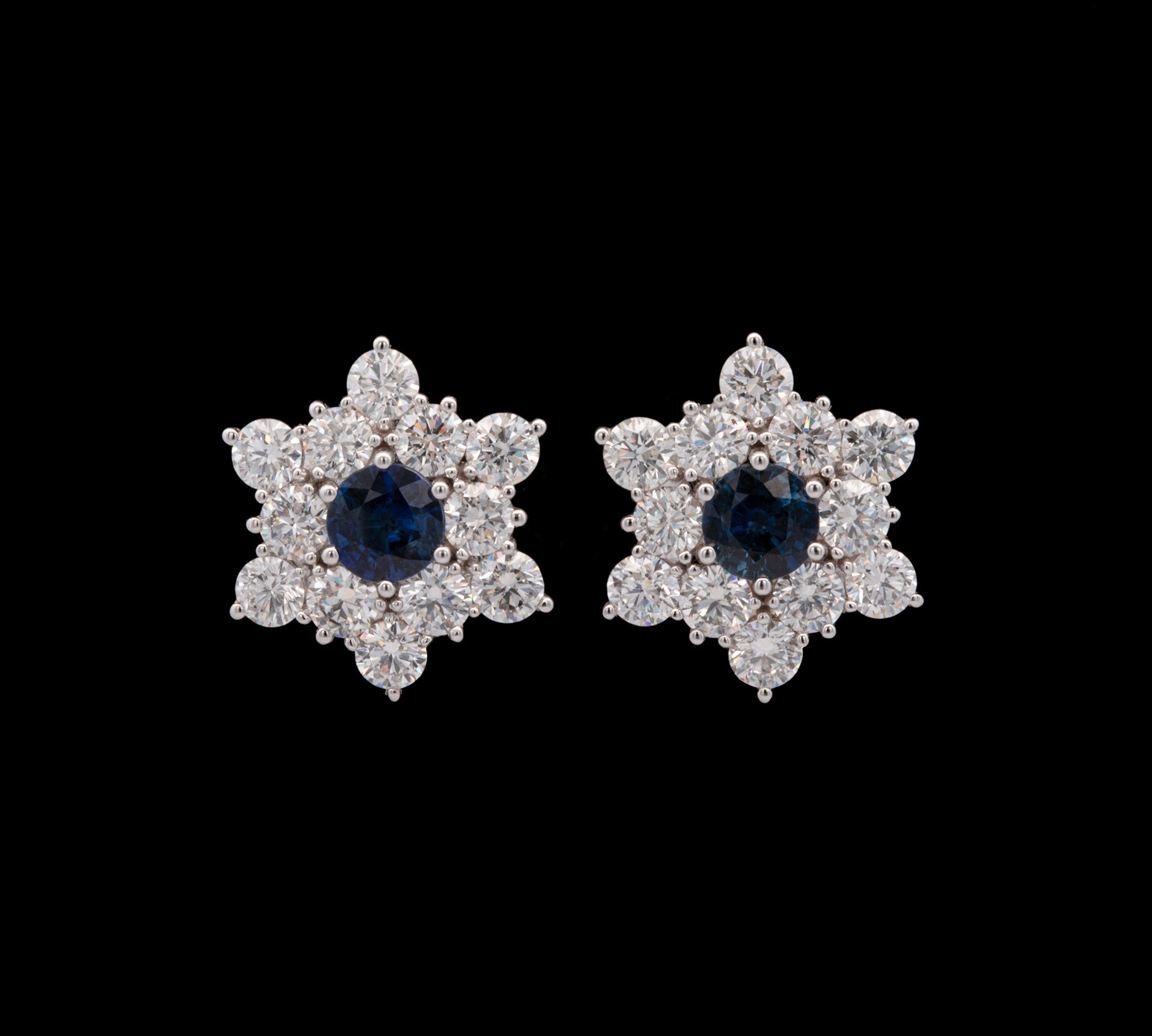 Custom 18K White Gold Sapphire And Diamond Star Earrings With Post And Omega Backs