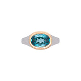 Custom Platinum And 18K Yellow Gold Blue Zircon And Hidden Diamond Halo Ring