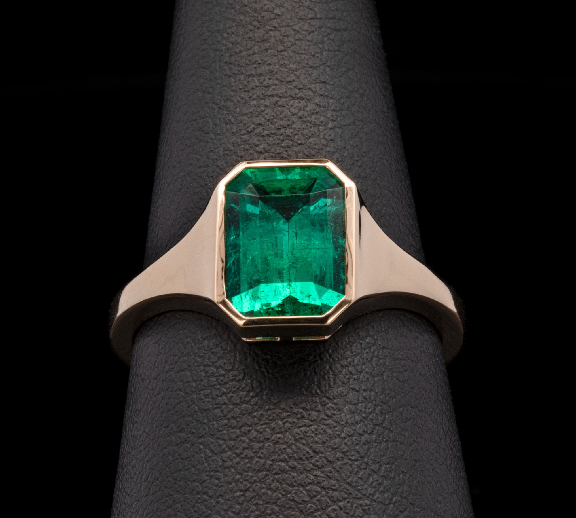 Custom 18K Yellow Gold Bezel Set Brazilian Emerald Cut Emerald Engagement Ring