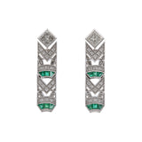 Custom 18K Yellow Gold Art Deco Style Diamond And Emerald Drop Earrings With Square Cut Diamond Tops