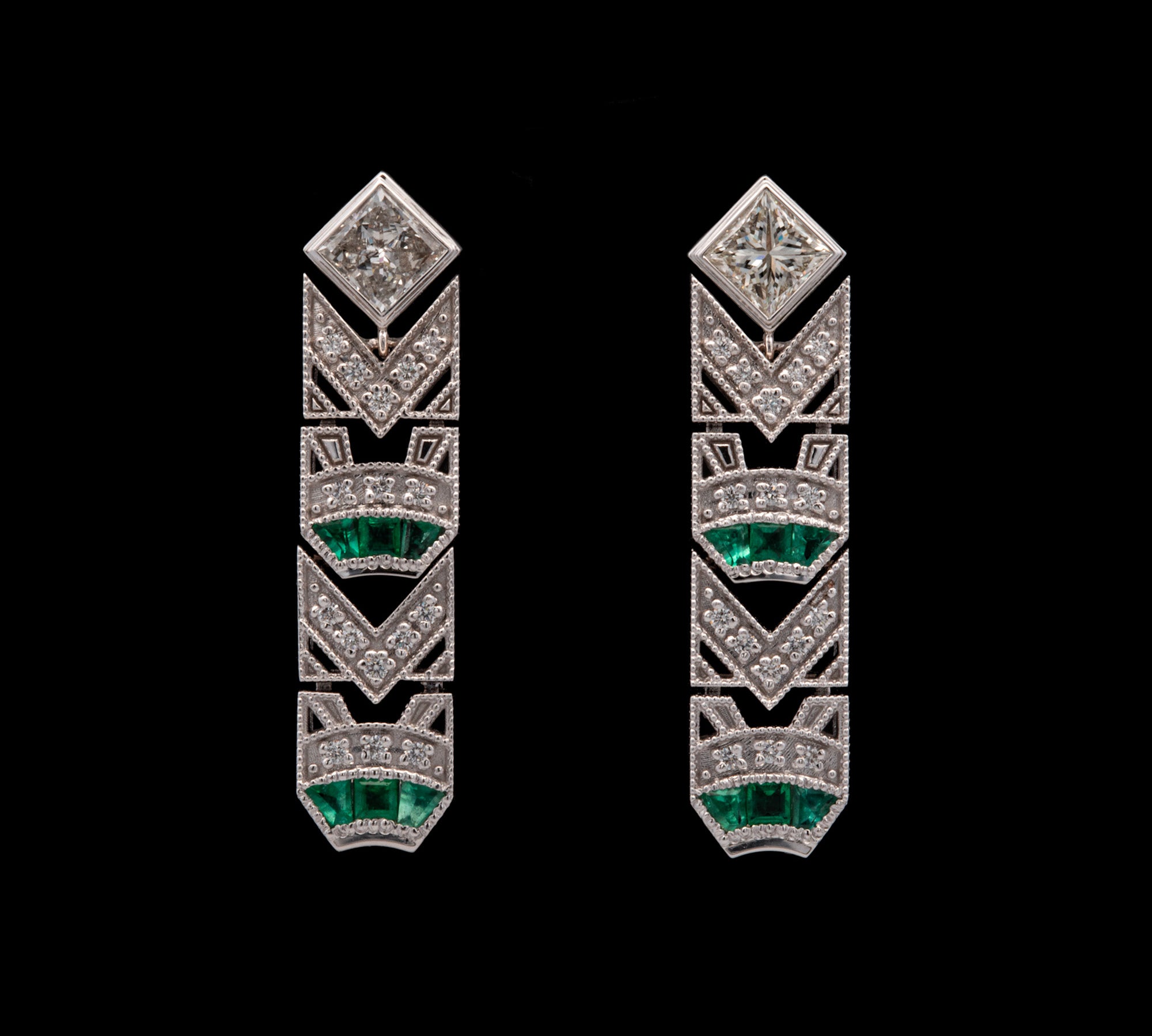 Custom 18K Yellow Gold Art Deco Style Diamond And Emerald Drop Earrings With Square Cut Diamond Tops
