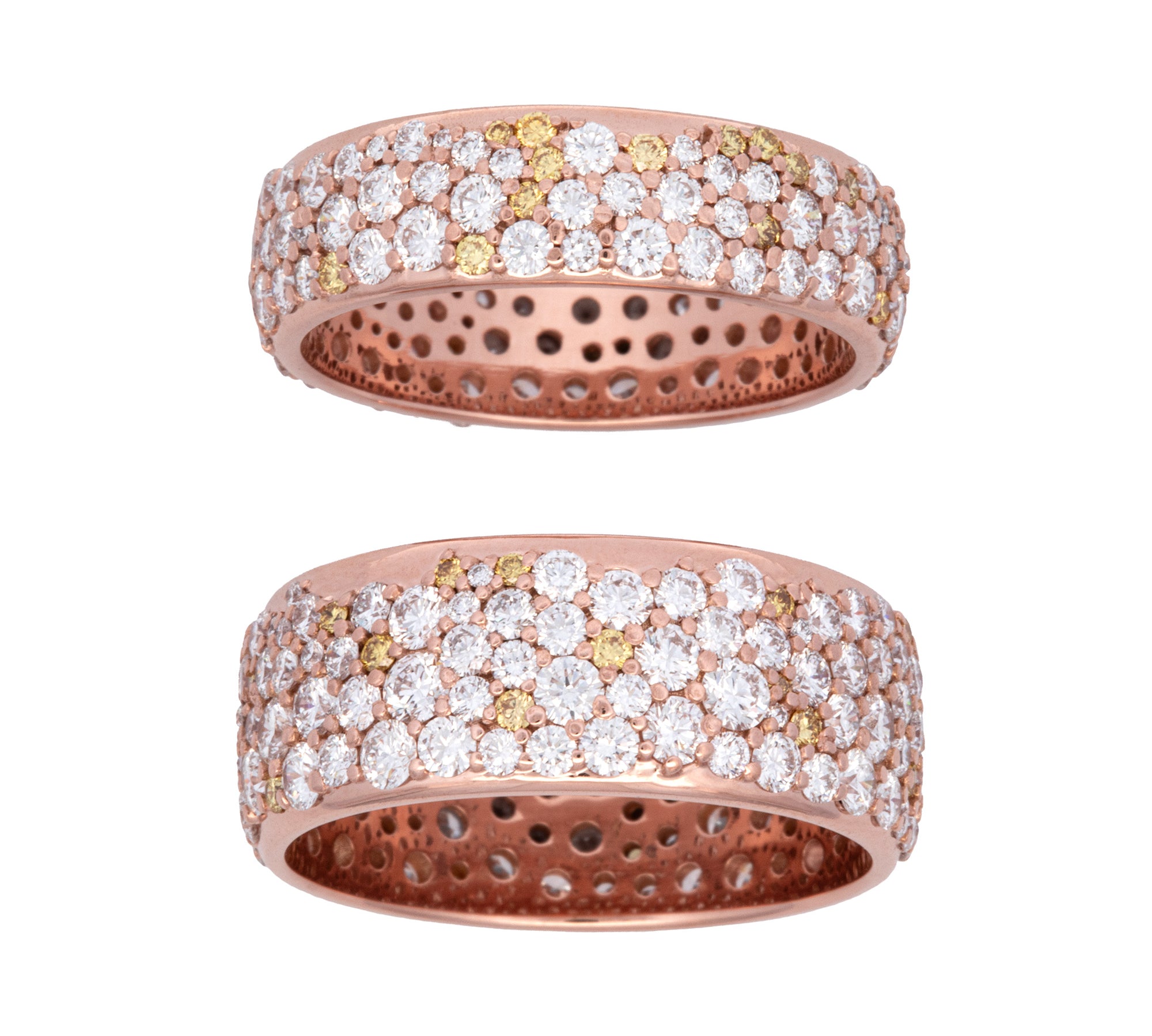 Custom 18K Rose Gold Matching Pave Diamond Eternity Wedding Bands With Fancy Yellow Diamonds