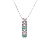 Custom 18K White Gold Art Deco Style Diamond And Emerald Filigree Drop Necklace, 18 Inches