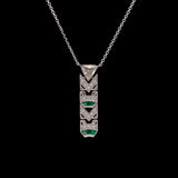 Custom 18K White Gold Art Deco Style Diamond And Emerald Filigree Drop Necklace, 18 Inches