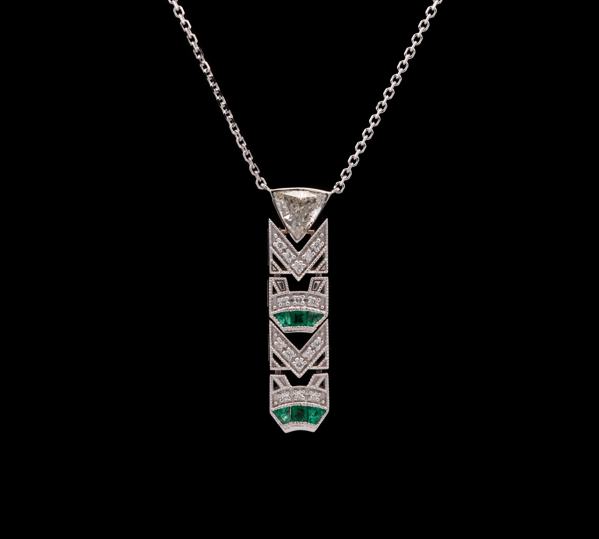 Custom 18K White Gold Art Deco Style Diamond And Emerald Filigree Drop Necklace, 18 Inches