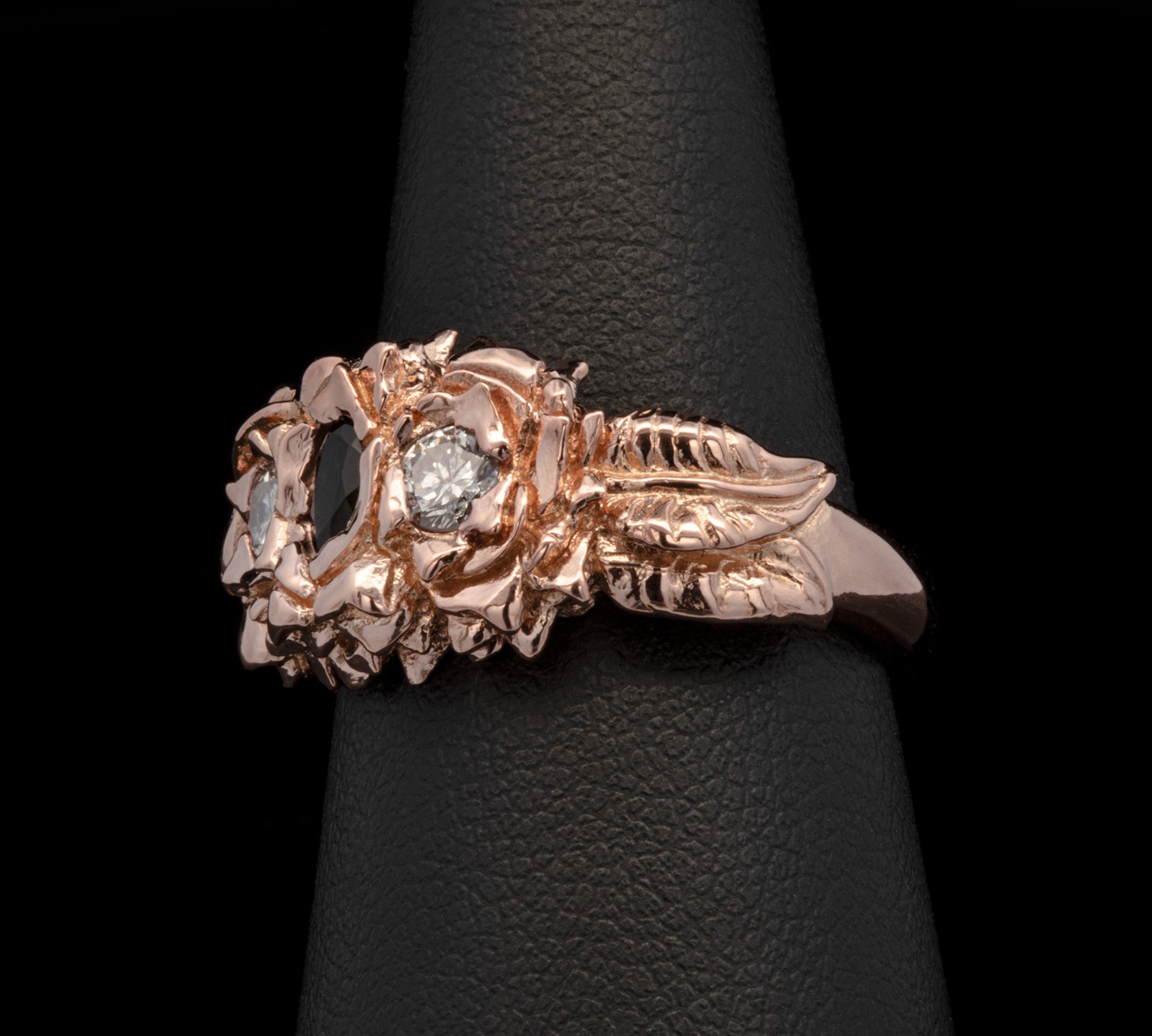 Custom 18K Rose Gold Green Tourmaline And Diamond Ring With Gardenia Flowers And Leaves