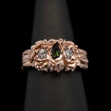 Custom 18K Rose Gold Green Tourmaline And Diamond Ring With Gardenia Flowers And Leaves