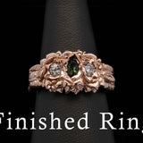 Custom 18K Rose Gold Green Tourmaline And Diamond Ring With Gardenia Flowers And Leaves