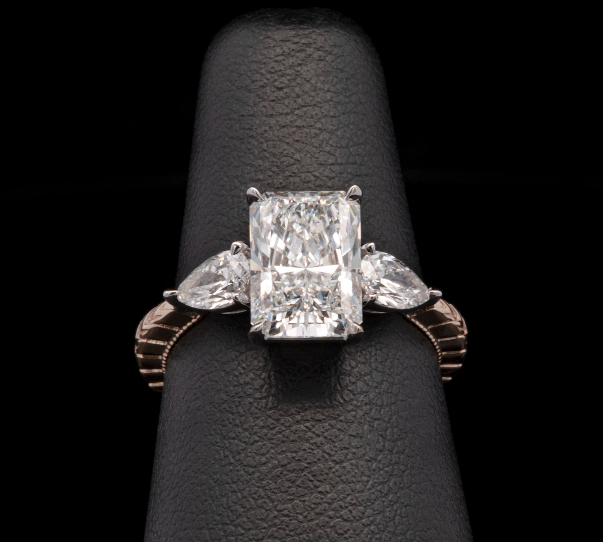 Custom 14K Yellow And White Gold Radiant And Pear Cut Diamond Engagement Ring With Engraved Shank