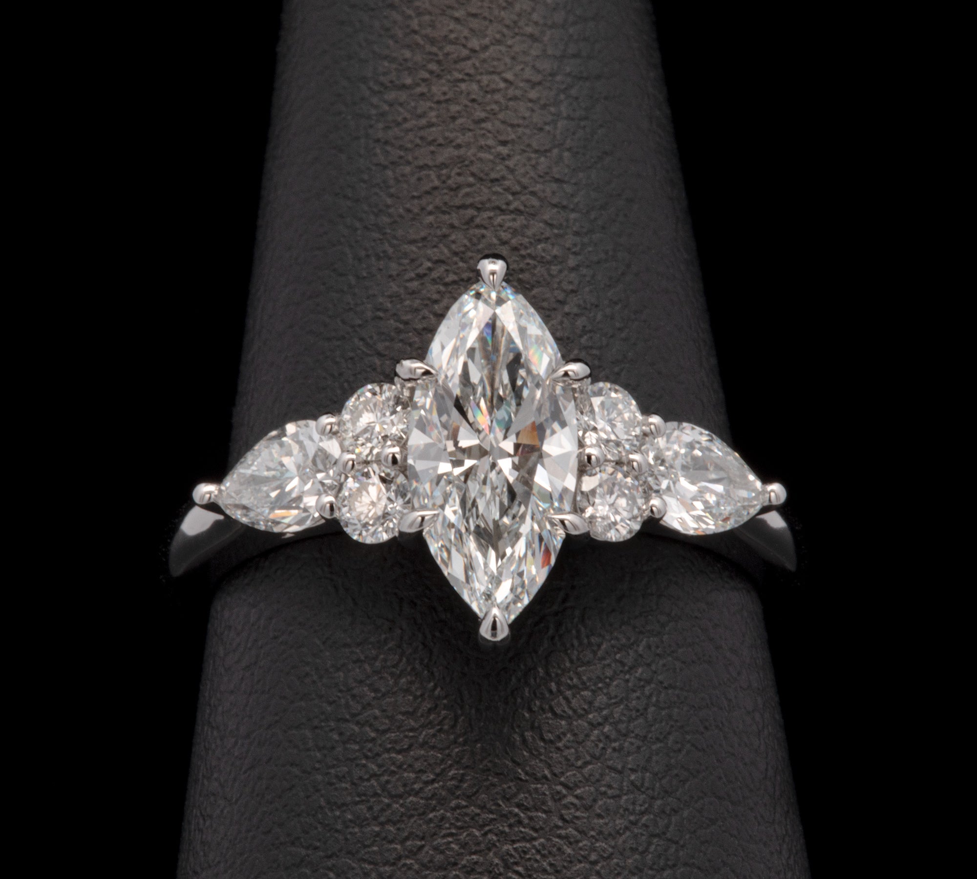 Custom Platinum Marquise Diamond Engagement Ring With Pear And Round Brilliant Cut Diamonds