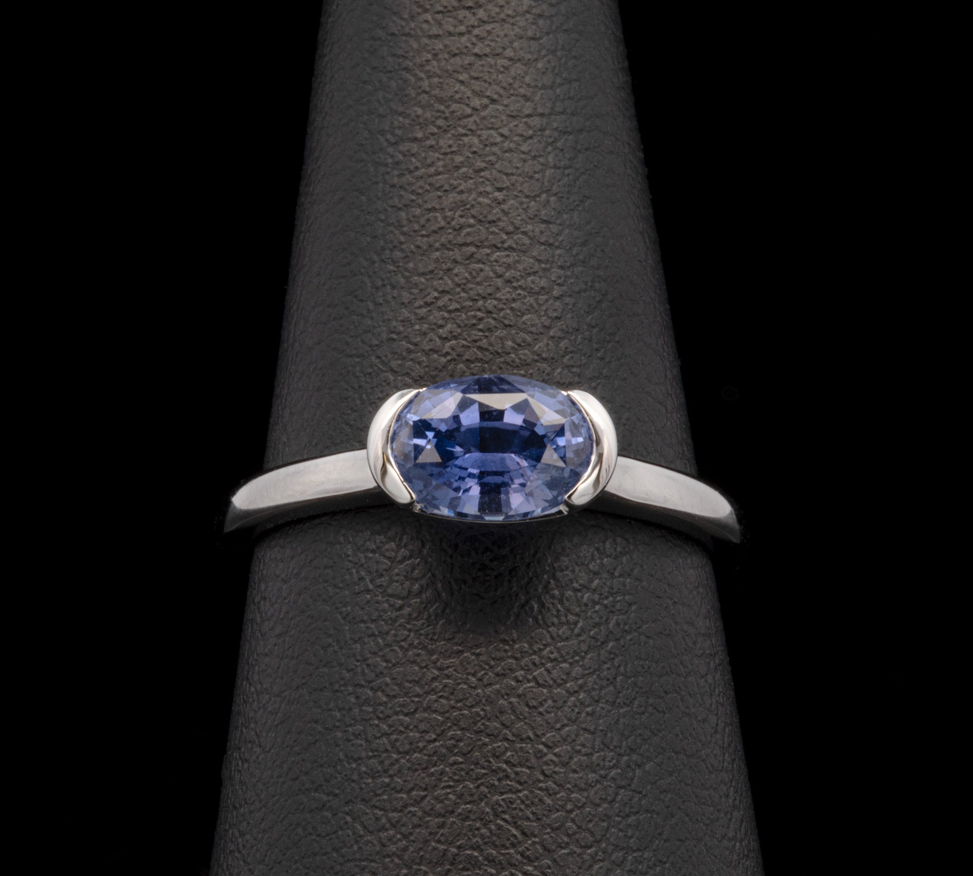 Custom Platinum Oval Lavender Sapphire Set In Half Bezel Ring