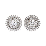 Custom 18K White Gold Old Mine Cut Diamond And Double Row Baguette Diamond Halo Stud Earring