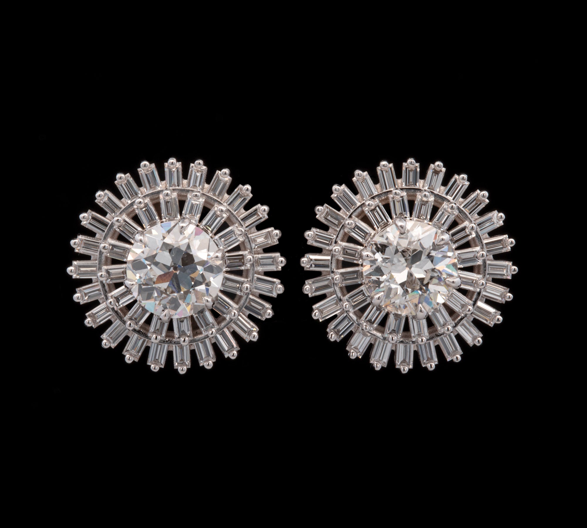 Custom 18K White Gold Old Mine Cut Diamond And Double Row Baguette Diamond Halo Stud Earring