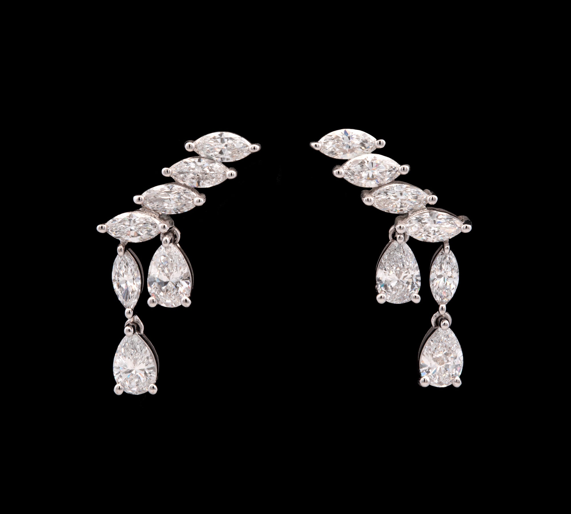 Custom 18K White Gold Marquise And Pear Cut Diamond Crawler Earrings