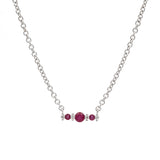 Custom 14K White Gold Three Stone Ruby And Diamond Accent Necklace, 18 Inches