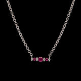 Custom 14K White Gold Three Stone Ruby And Diamond Accent Necklace, 18 Inches