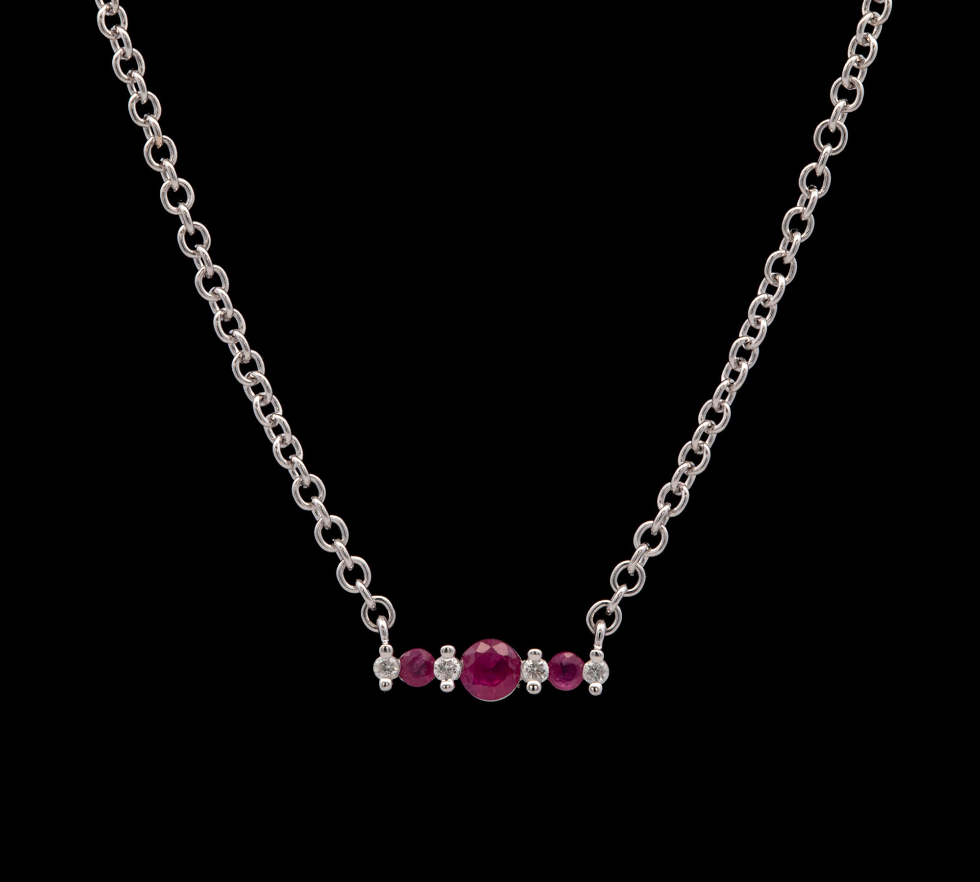 Custom 14K White Gold Three Stone Ruby And Diamond Accent Necklace, 18 Inches