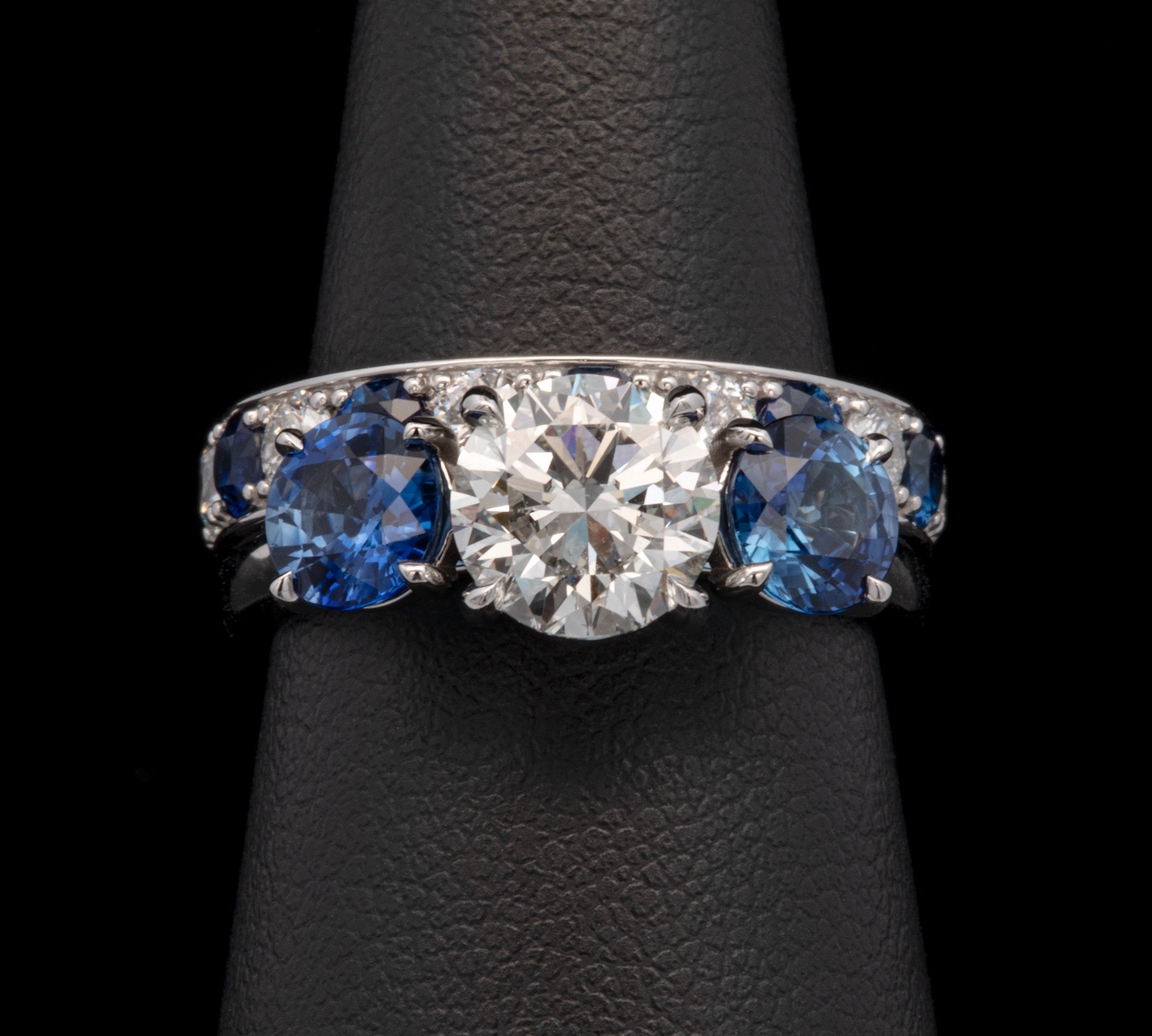 Custom Platinum Diamond And Sapphire Engagement Ring With Matching Sapphire And Diamond Band