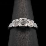 Custom Platinum Bezel Set Three Stone Asscher Cut Diamond Ring