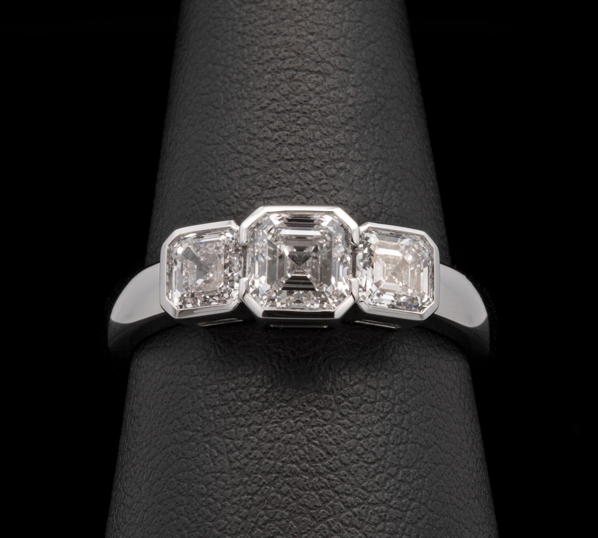 Custom Platinum Bezel Set Three Stone Asscher Cut Diamond Ring