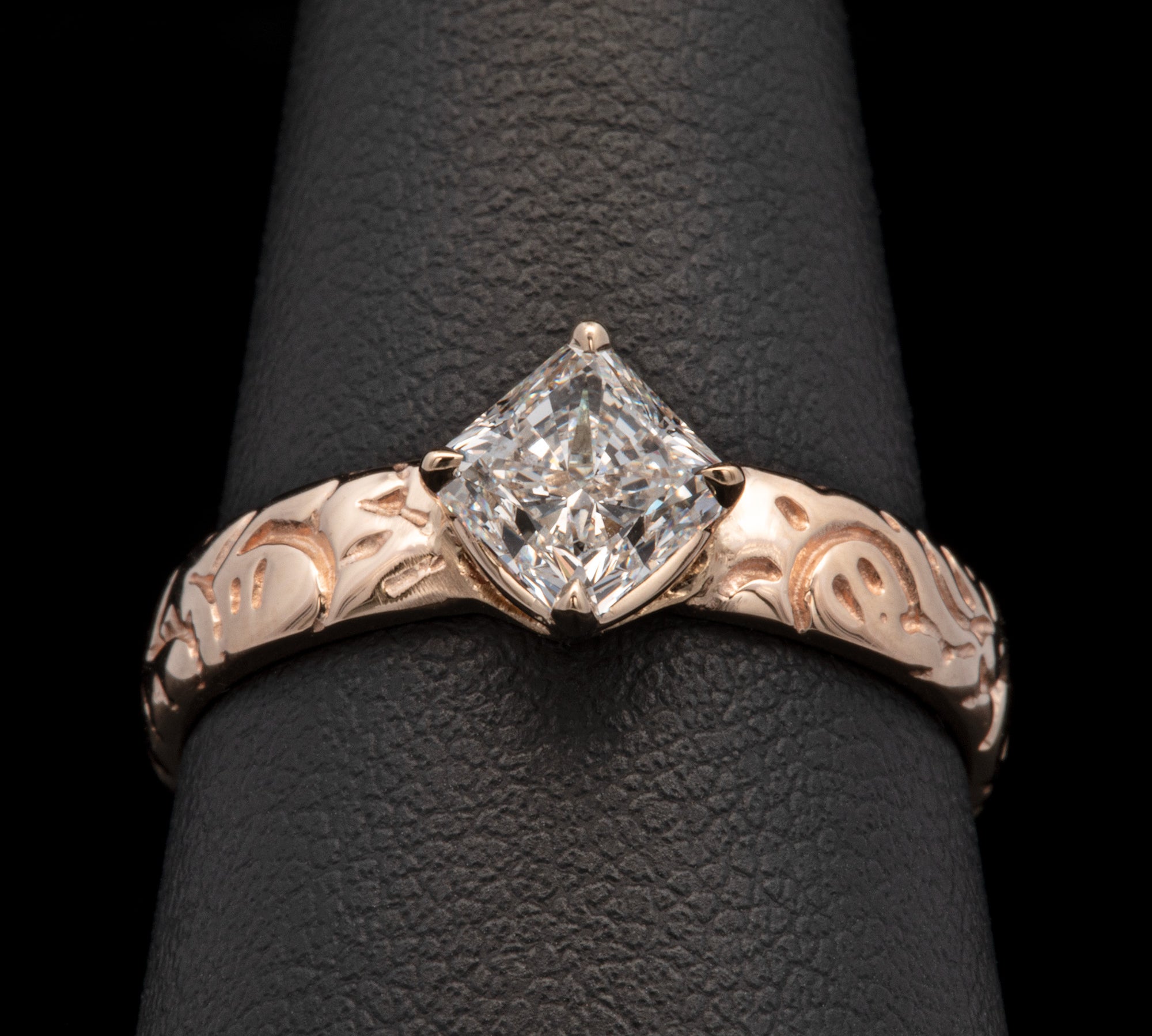 Custom 14K Yellow Gold Floral Engagement Ring With Square Radiant Cut Diamond