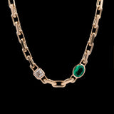 Custom 14K Yellow Gold Solid French Cable Chain Link Necklace With Bezel Set Asscher Cut Diamond And Oval Emerald, 16.5 Inches