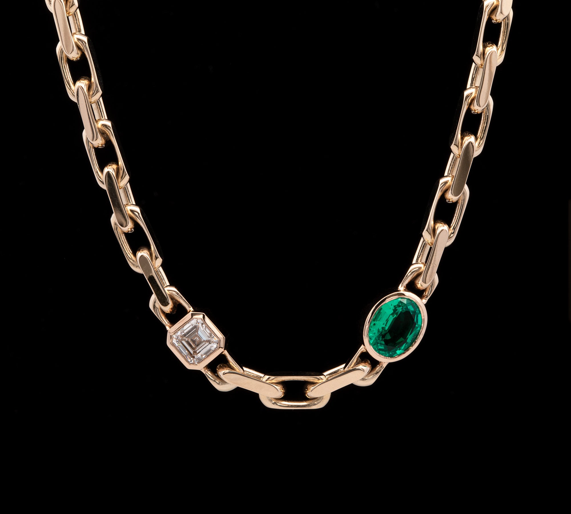 Custom 14K Yellow Gold Solid French Cable Chain Link Necklace With Bezel Set LAB GROWN Asscher Cut Diamond And Oval Emerald, 16.5 Inches