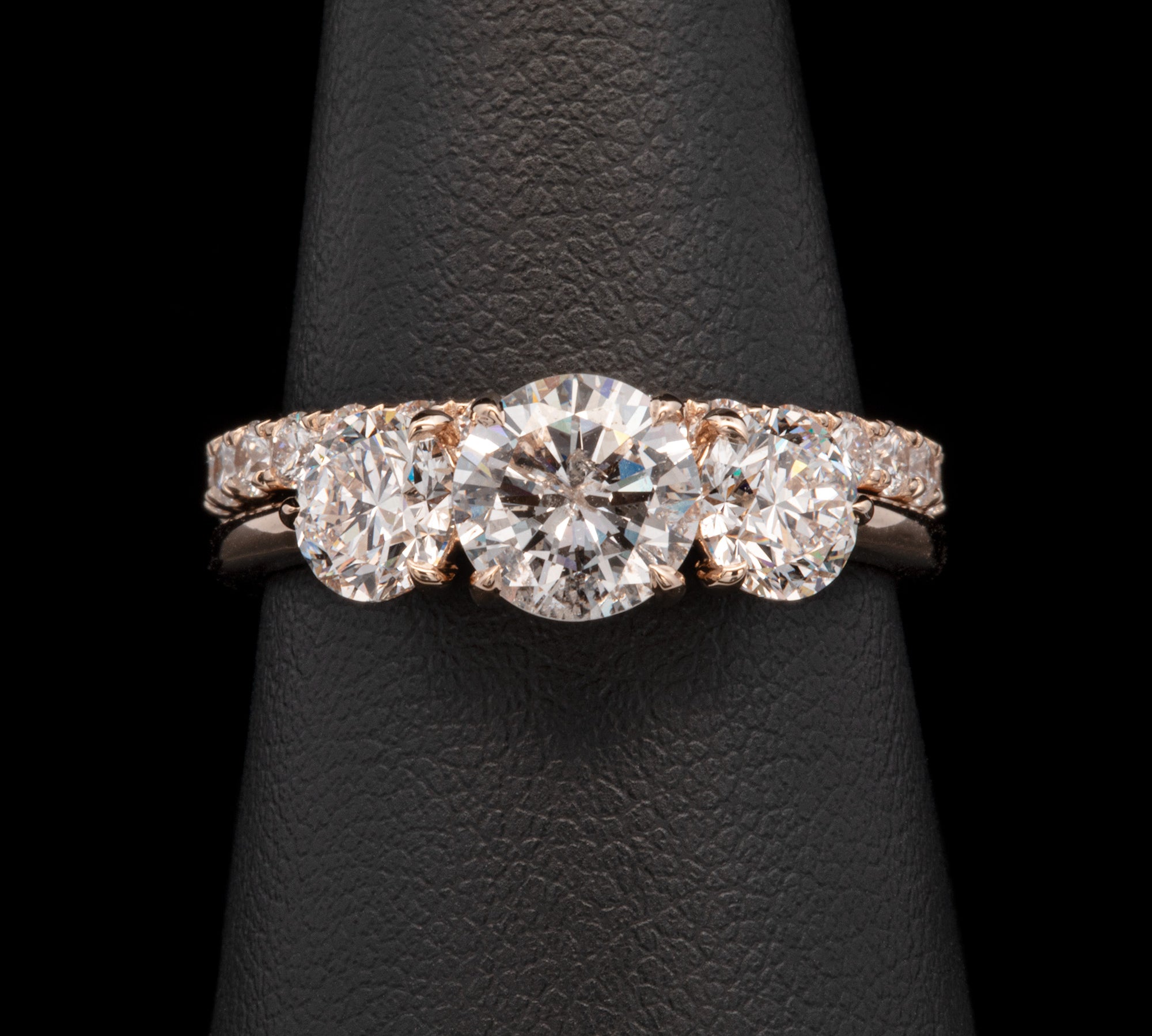 Custom 14K Yellow Gold Round Brilliant Cut Three Stone Diamond Engagement Ring With Matching Diamond Wedding Band