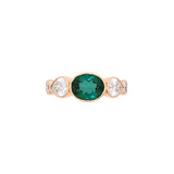 Custom 18K Yellow Gold Thin Bezel Three Stone Oval Green Tourmaline And Pear Cut Diamond Accent Ring