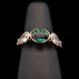 Custom 18K Yellow Gold Thin Bezel Three Stone Oval Green Tourmaline And Pear Cut Diamond Accent Ring