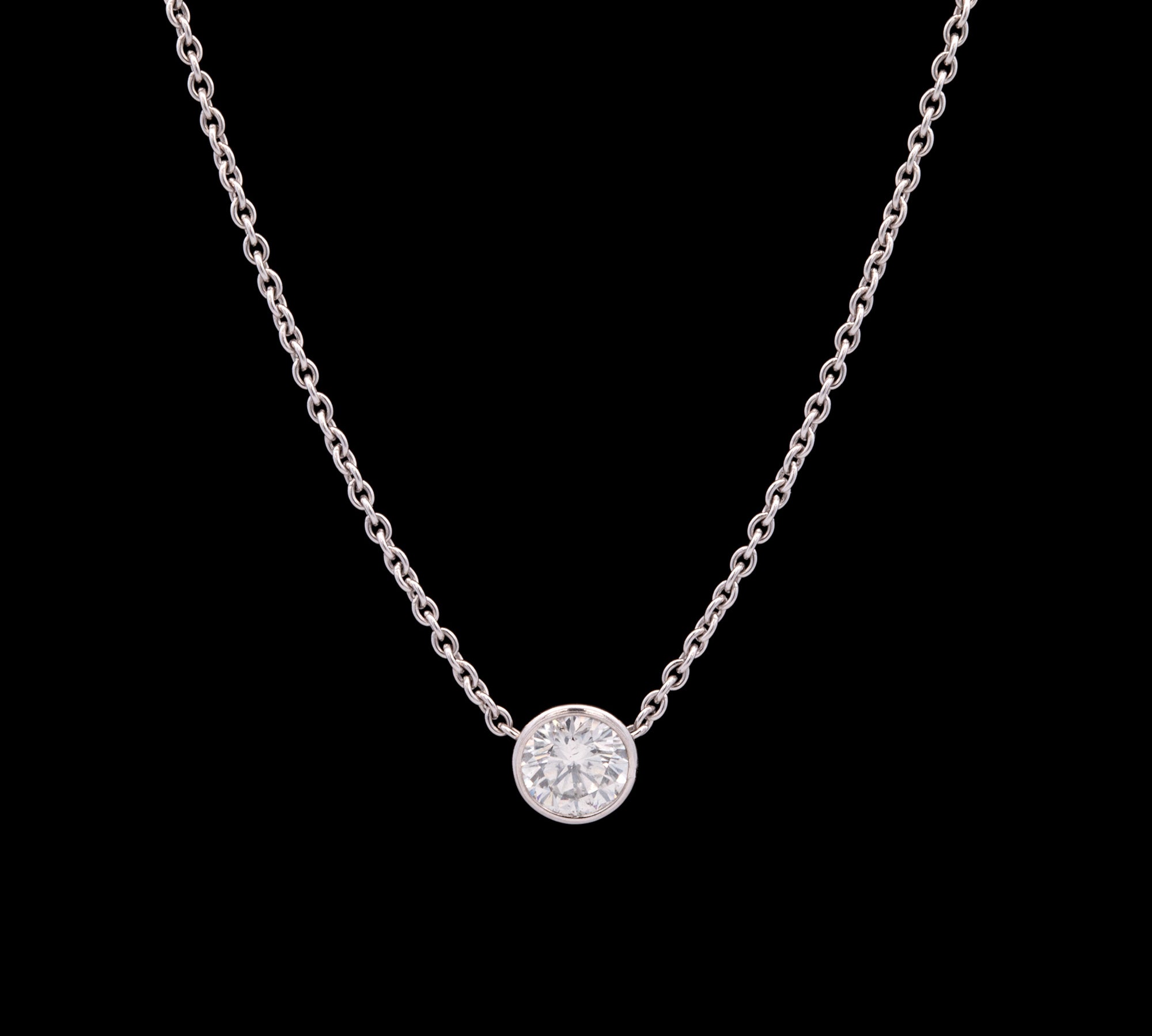 18K White Gold Bezel Set 1.00ctw Round Diamond Pendant With 16 Inch Chain