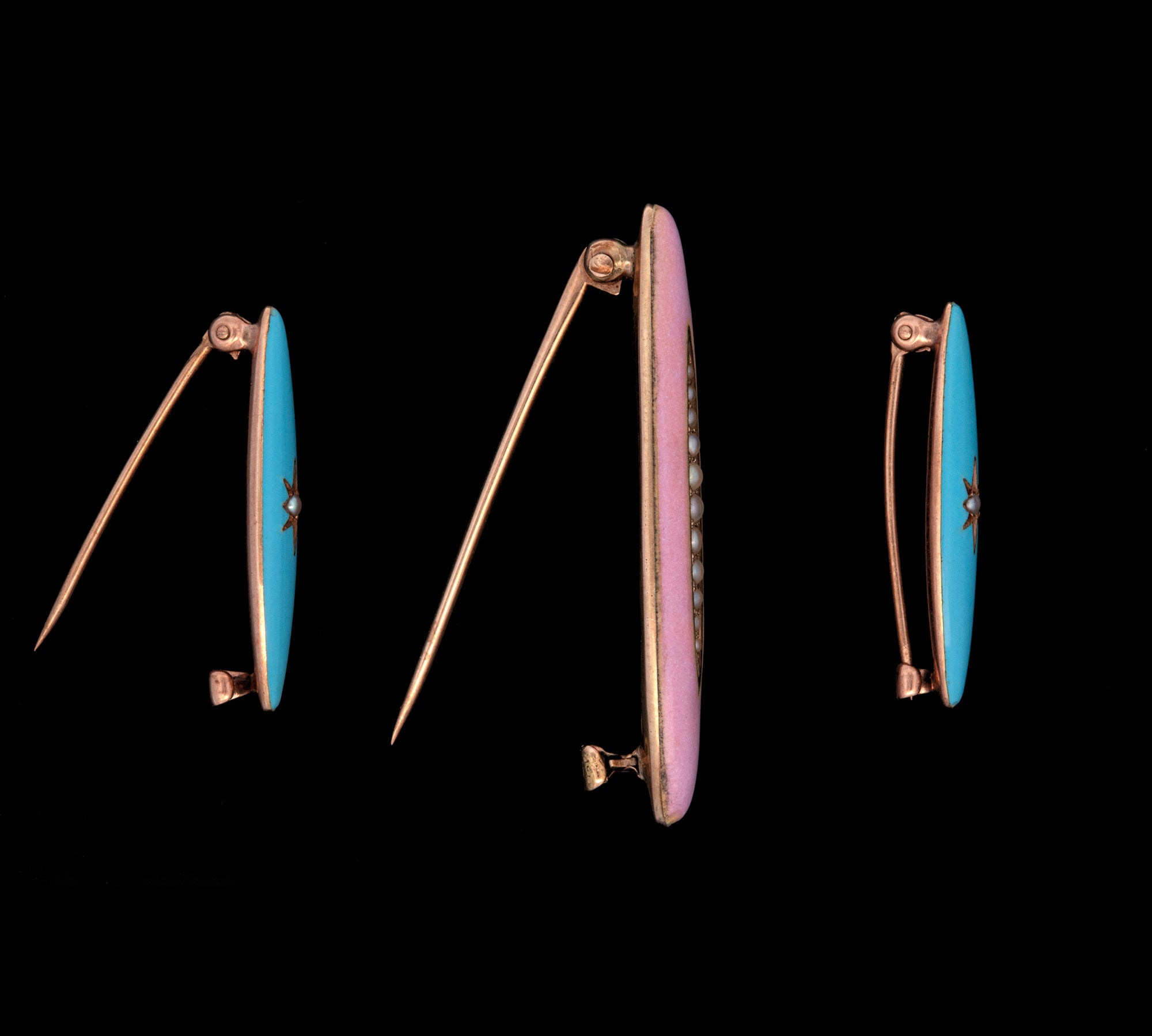 14K Yellow Gold Set Of Three Pink And Blue Enamel Baby Pin With Seed Pearls