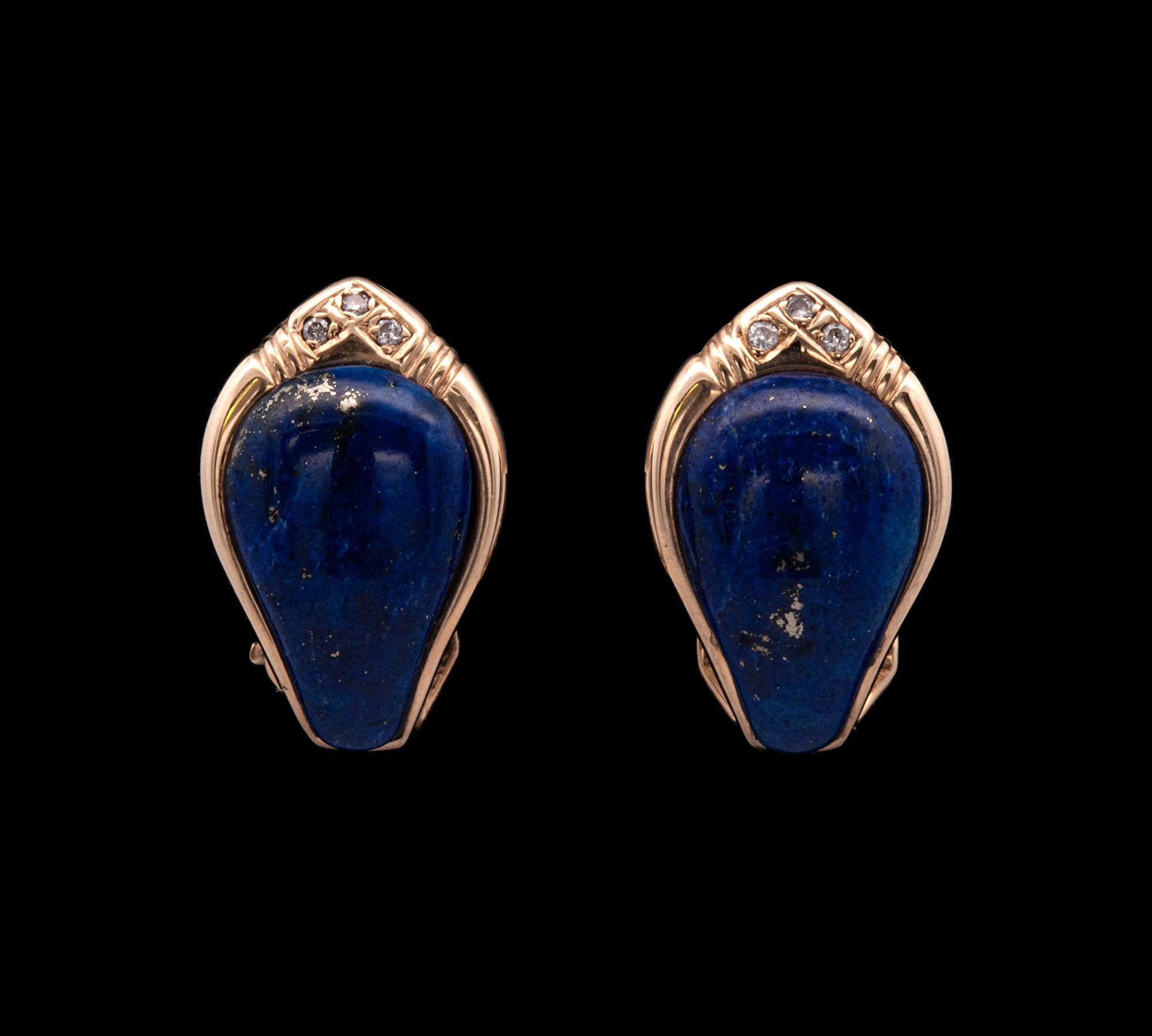 14K Yellow Gold Lapis And Diamond Earrings With Post And Omega Backs