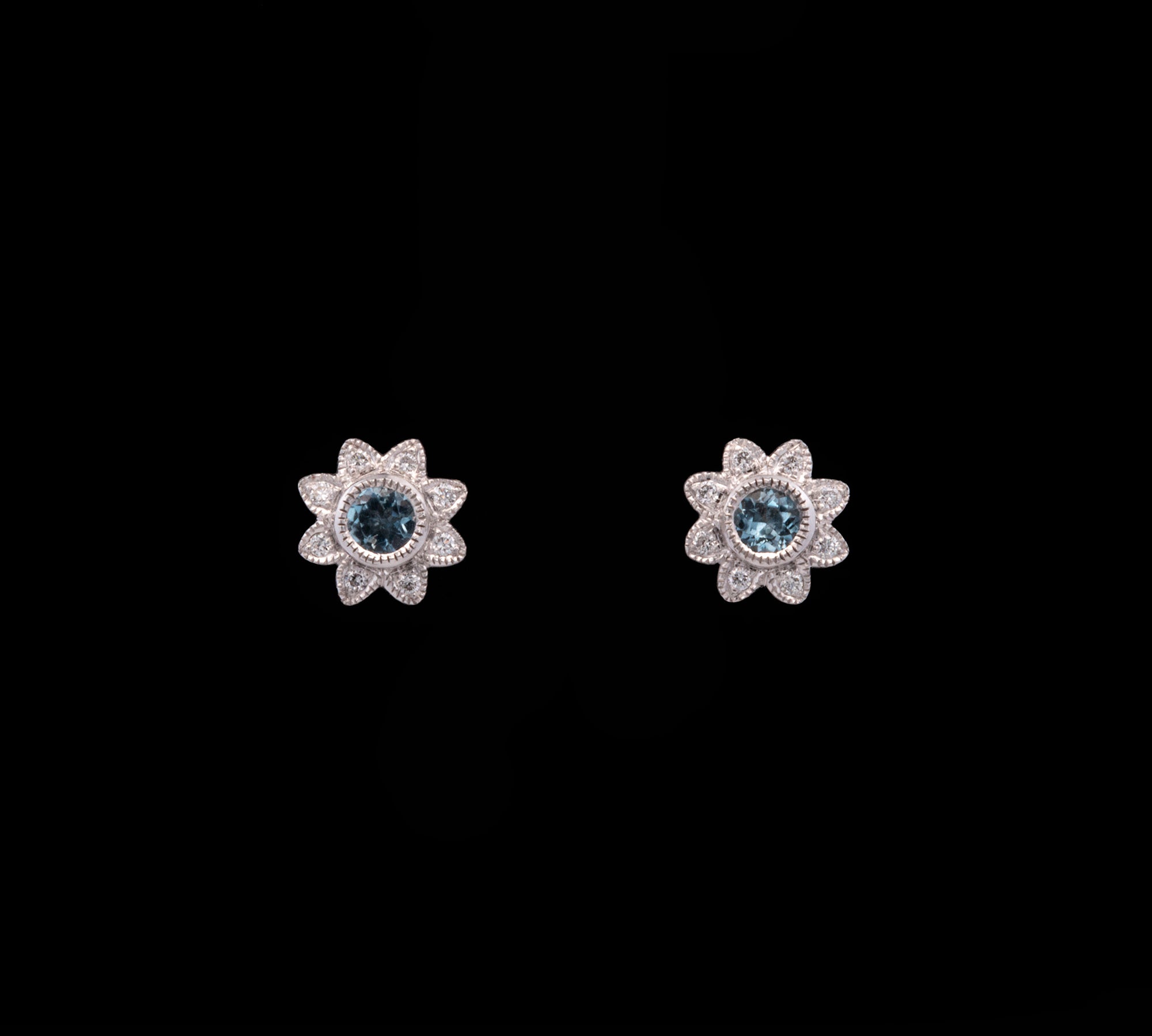 14K White Gold Aquamarine And Diamond Flower Stud Earrings