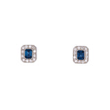 14K White Gold Rectangular Sapphire And Diamond Stud Earrings With Friction Backs