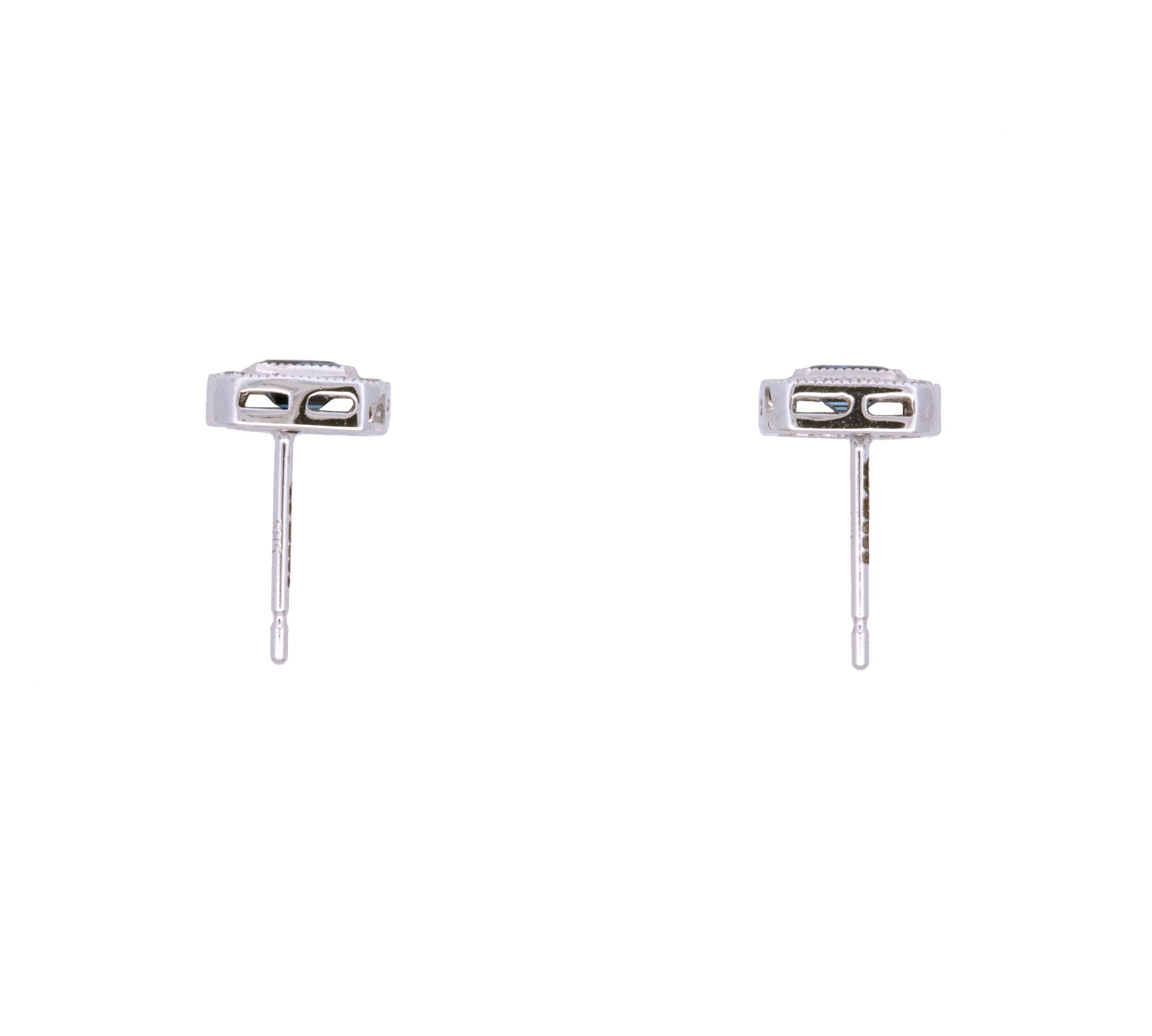 14K White Gold Rectangular Sapphire And Diamond Stud Earrings With Friction Backs