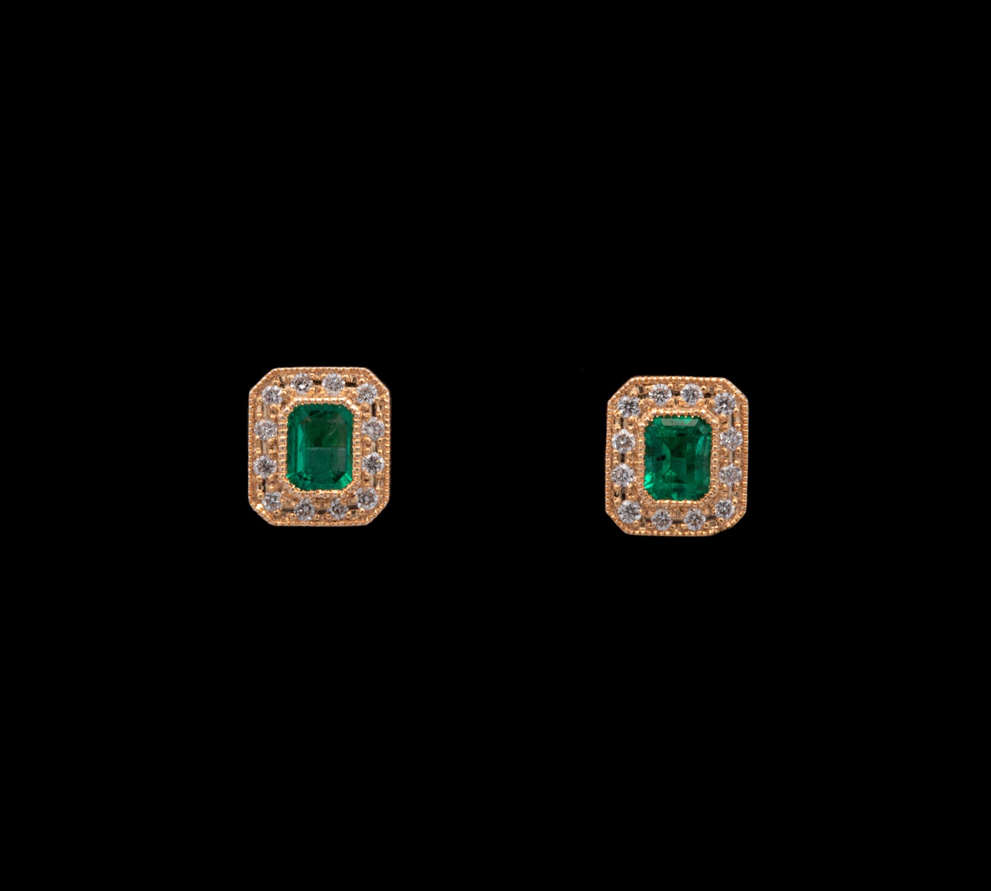 14K Yellow Gold Emerald And Diamond Stud Earrings