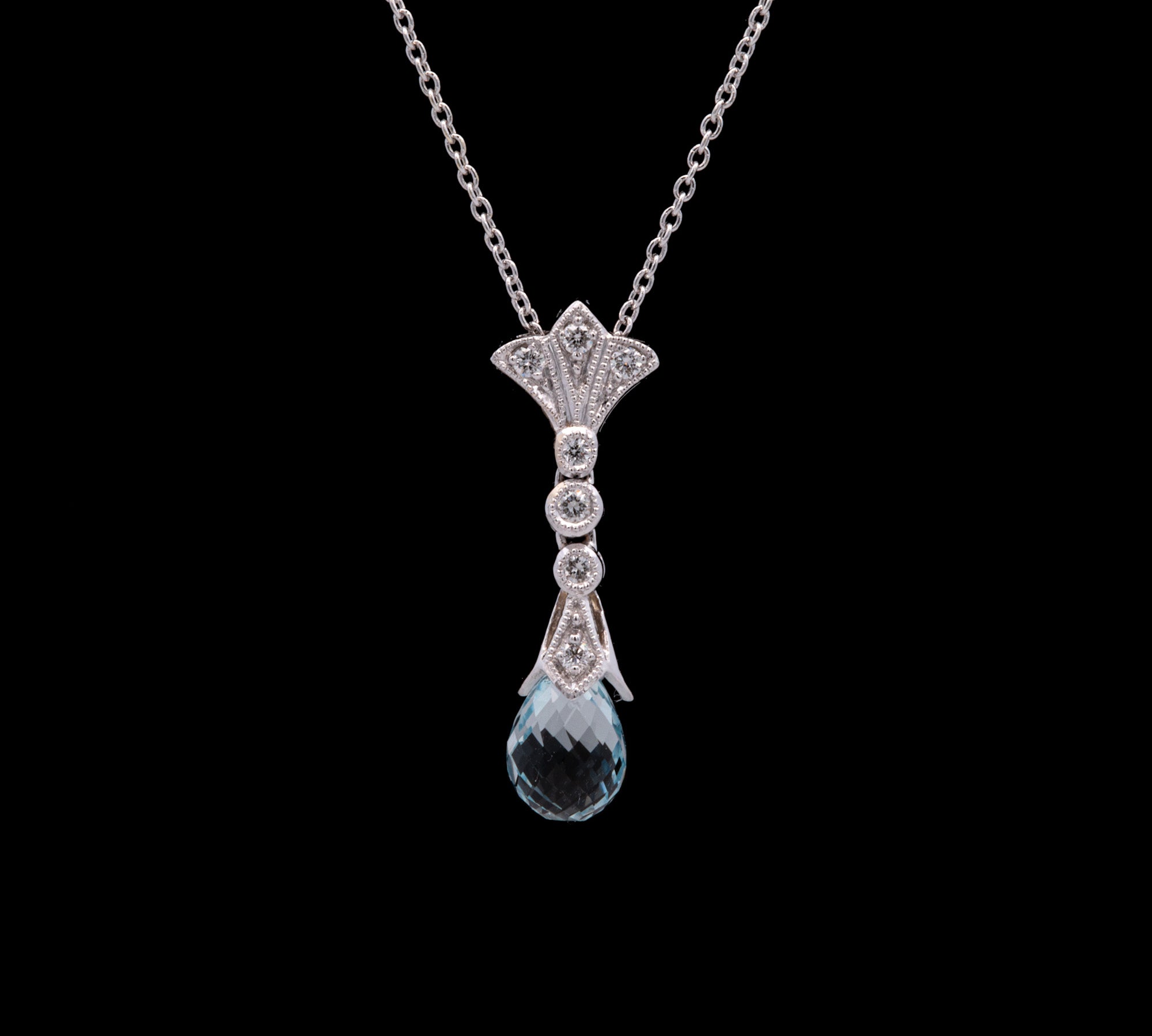 18K White Gold Aquamarine And Diamond Pendant With 18 Inch Chain