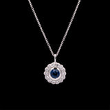 18K White Gold Sapphire And Diamond Floral Pendant With 16 Inch Chain