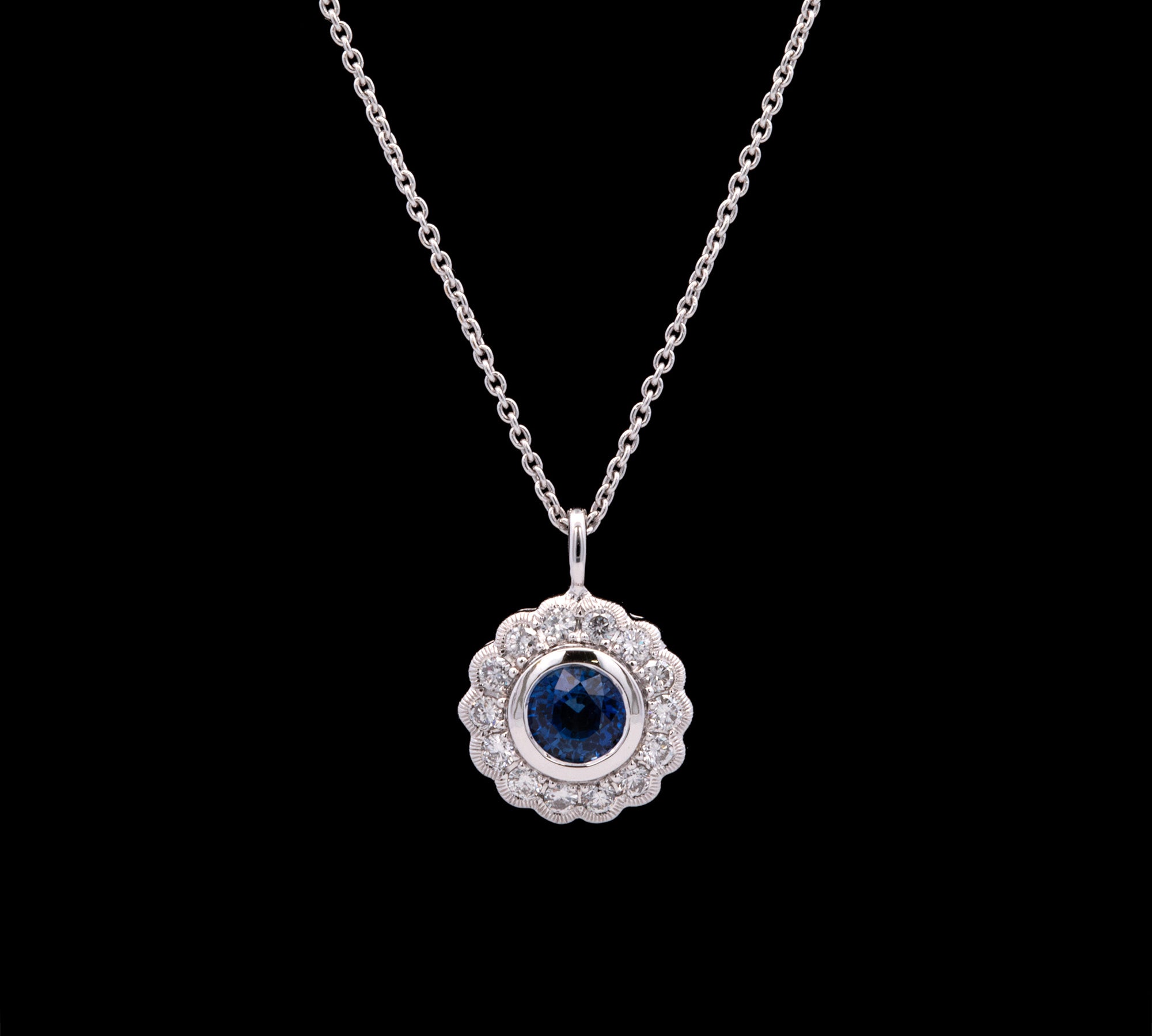 18K White Gold Sapphire And Diamond Floral Pendant With 16 Inch Chain
