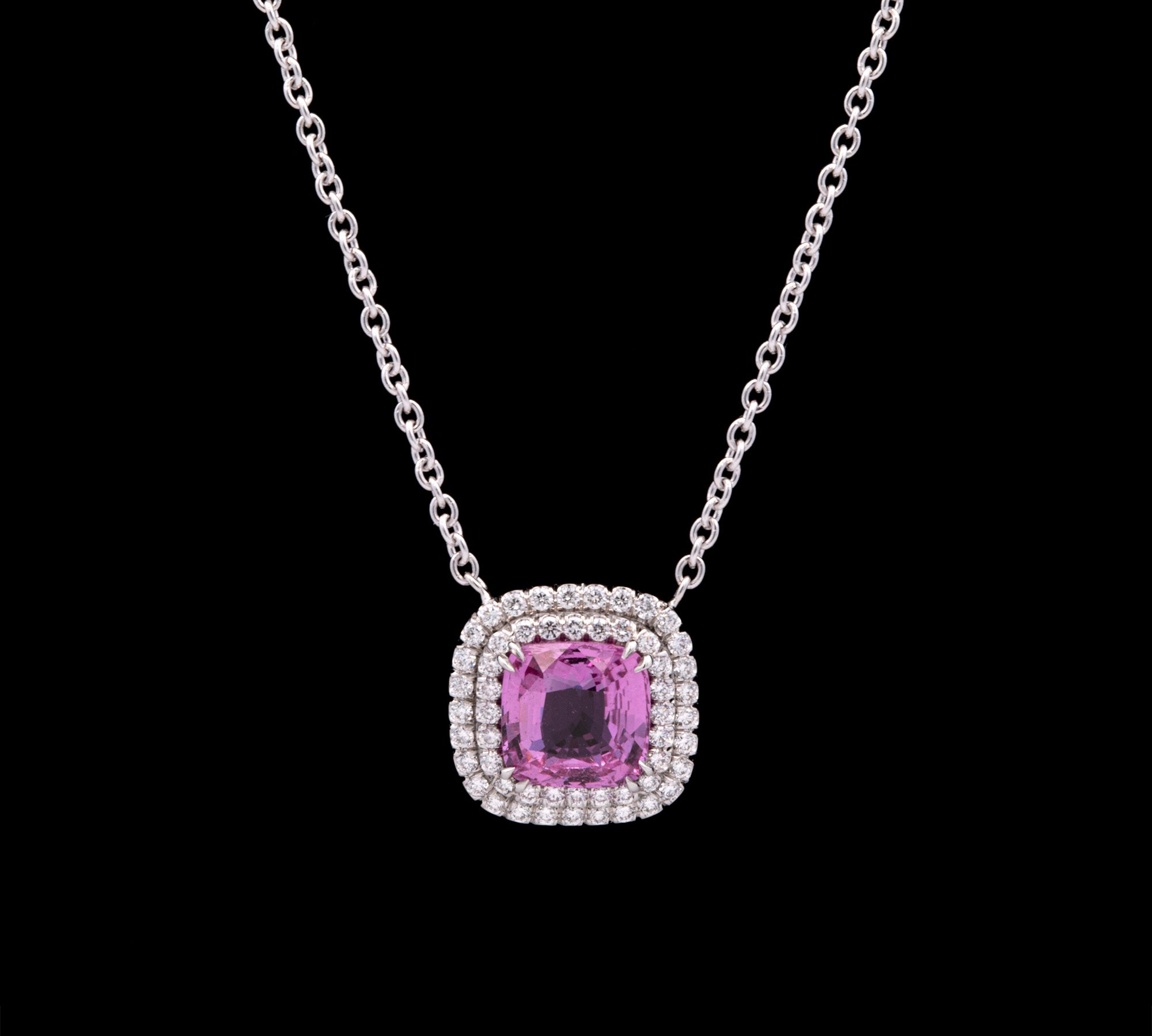 Platinum No Heat Pink Sapphire And Diamond Halo Necklace, 16 Inches