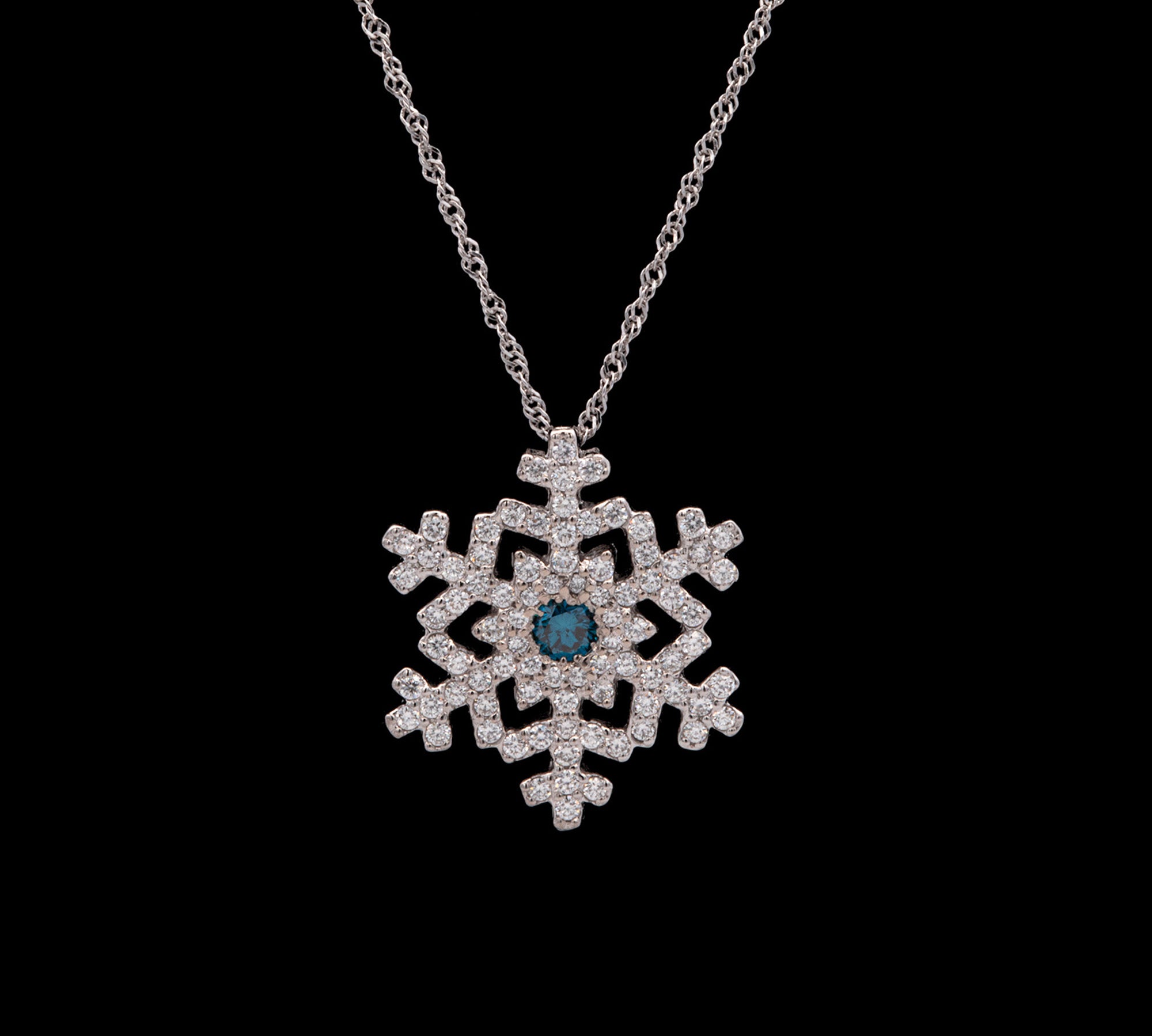 Waterbury Blue And White Diamond Snowflake Pendant With 18 Inch Chain, 14K White Gold