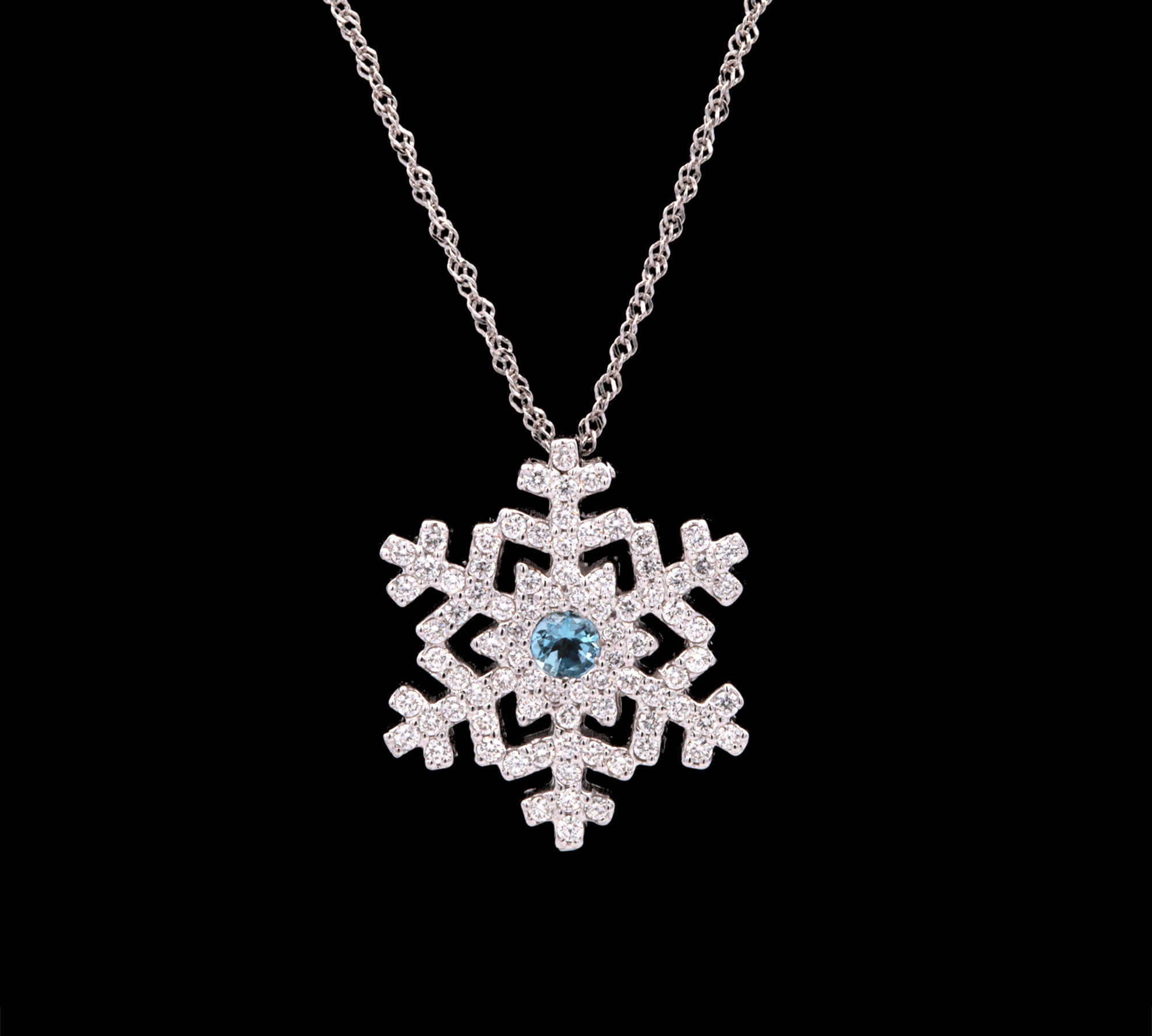 Waterbury Aquamarine And Diamond Snowflake Pendant With 18 Inch Chain, 14K White Gold