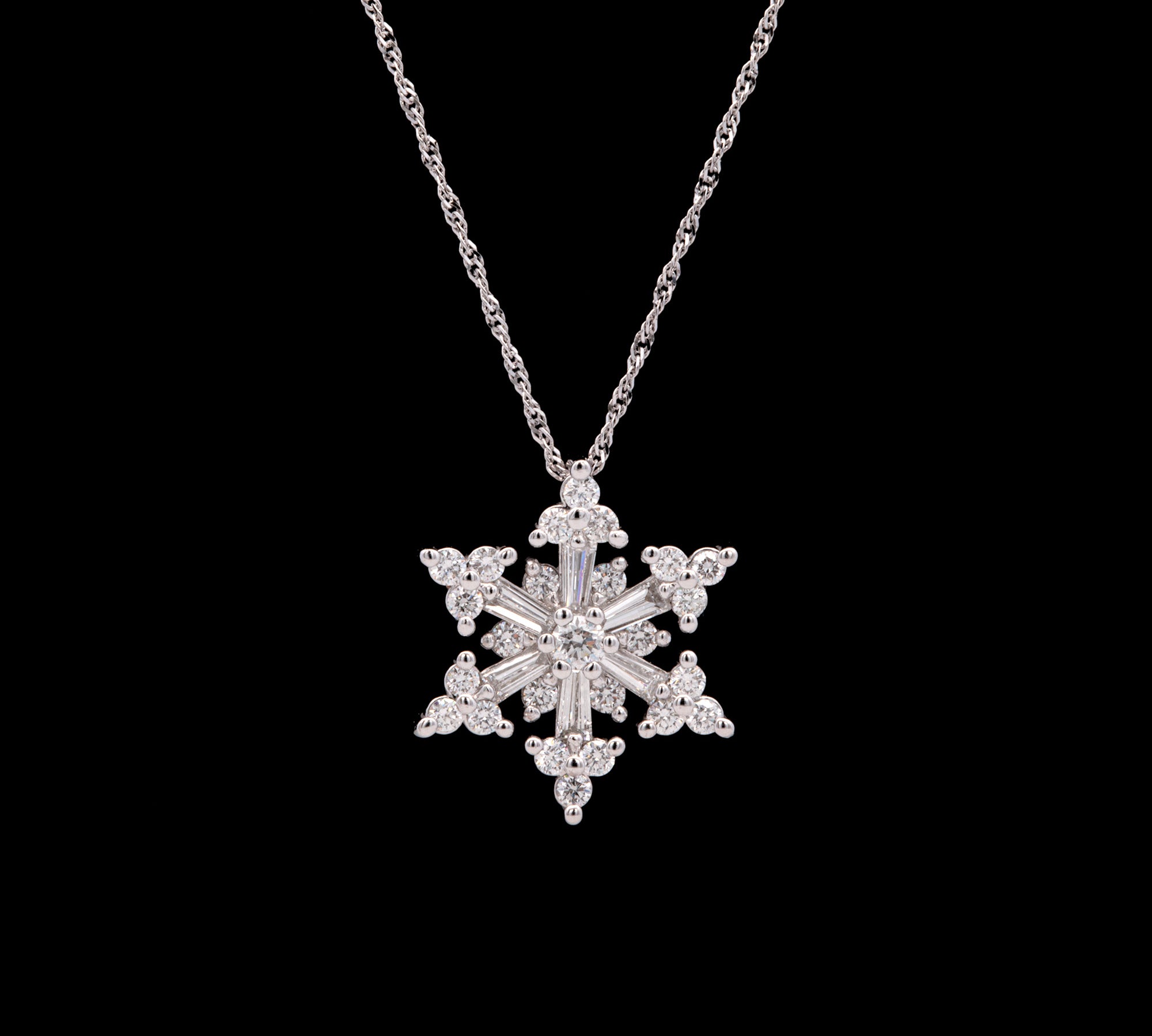 Large Stowe Strong Mixed Cut Diamond Snowflake Pendant With 18" Chain, 14K White Gold
