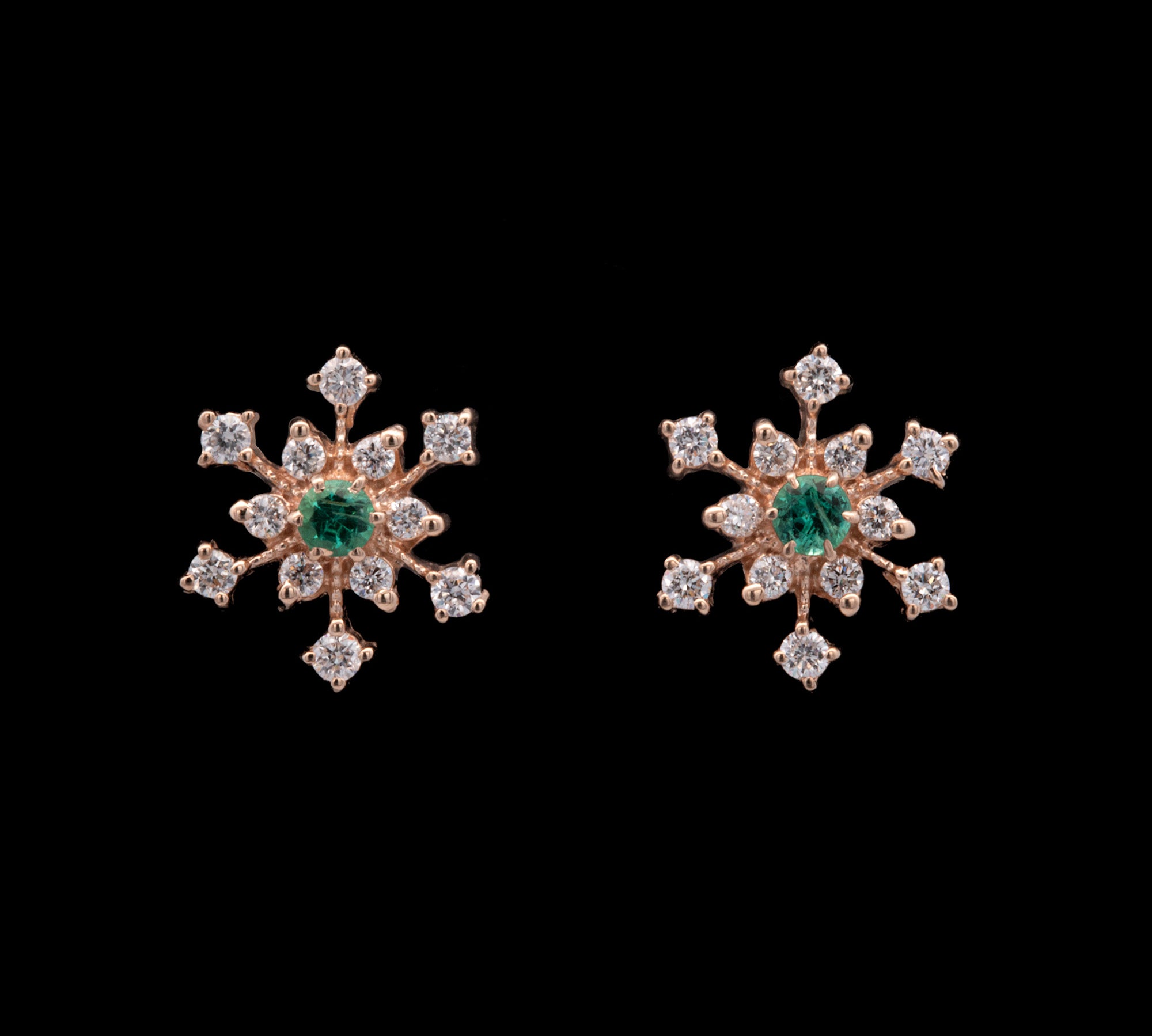 Waitsfield Emerald And Diamond Snowflake Stud Earrings, 14K Yellow Gold